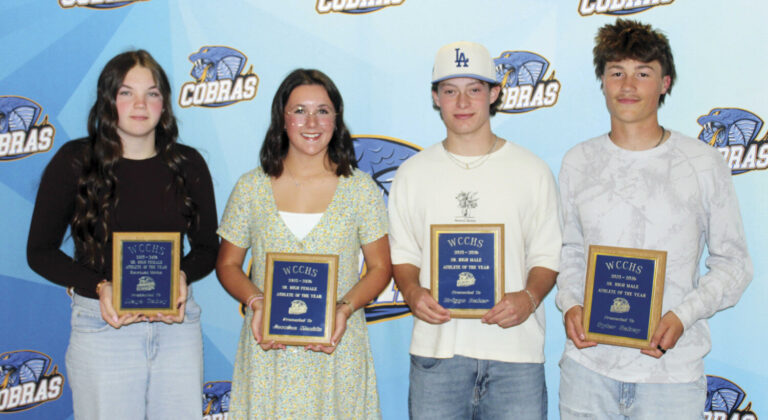 senior high athletes of the year - Willow Creek Composite High School honoured extra-curricular activities on June 11. From left are Maya Sabey, senior high honourable mention female athlete of the year; Jessica Mackin, senior high female athlete of the year; and Briggs Baker and Syler Sabey, senior high male athletes of the year. Photo by Rob Vogt